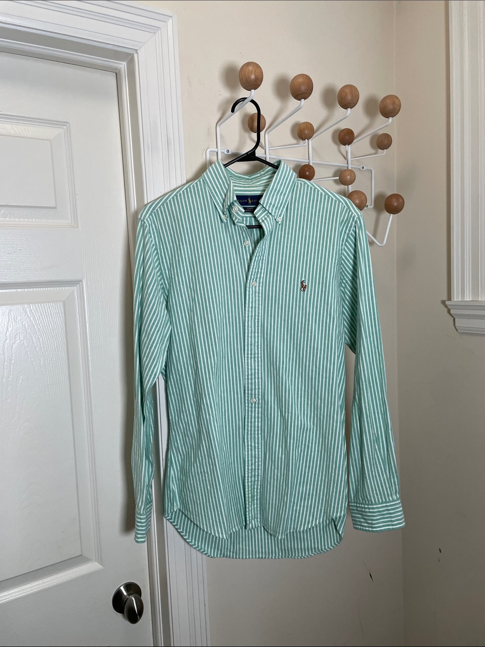 Ralph Lauren Slim Fit Vertical Striped Button Down Shirt - Green / White - M